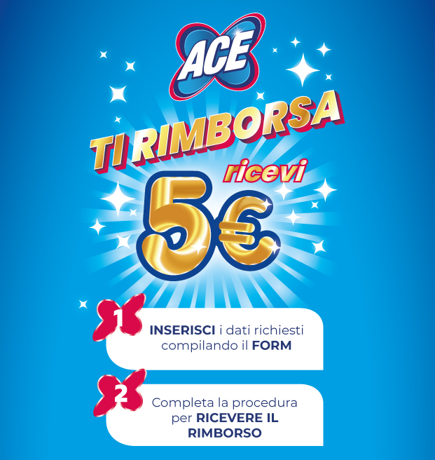 immagine decorativa per smartphone dell'attività di cashback Ace ti rimborsa. Acquista 10€ di prodotti Ace ricevi 5€ di rimborso
