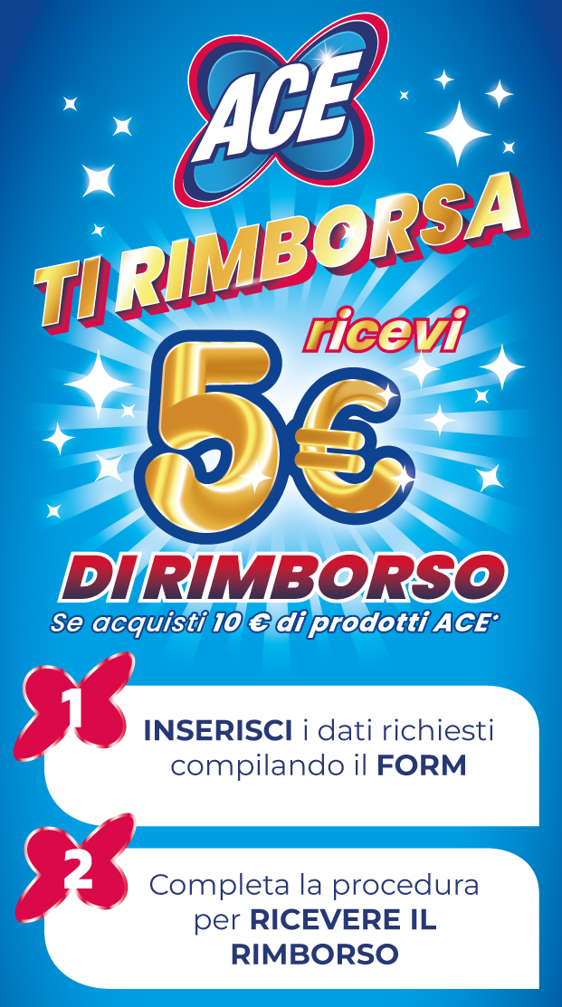 immagine decorativa per smartphone dell'attività di cashback Ace ti rimborsa. Acquista 10€ di prodotti Ace ricevi 5€ di rimborso